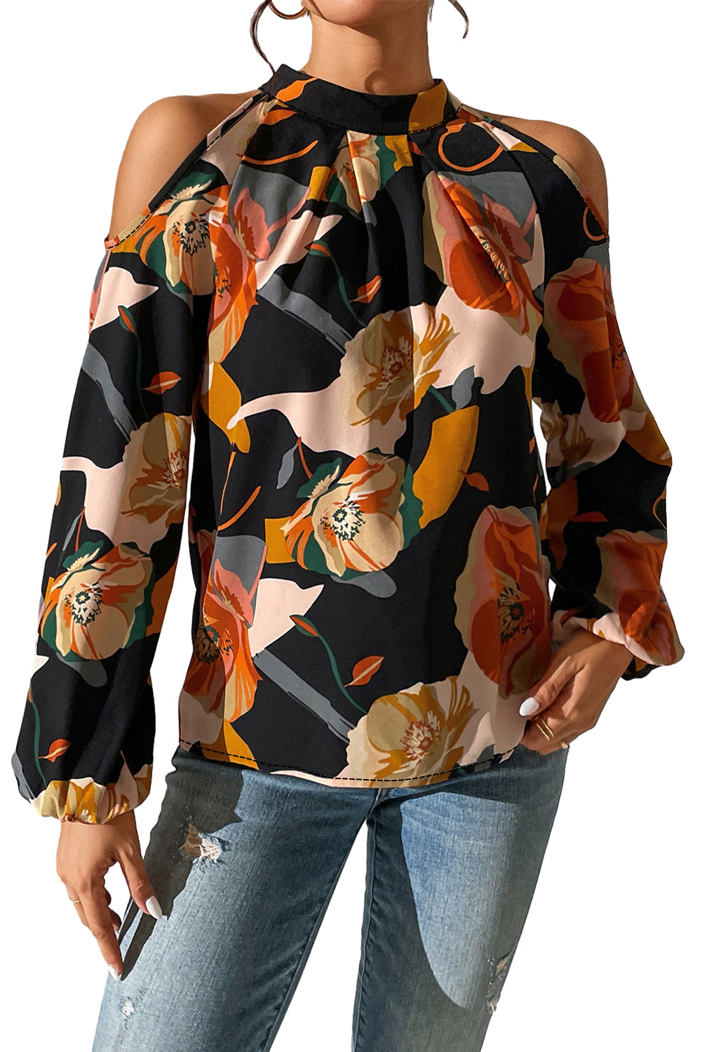 Black Floral Print Cold Shoulder Lantern Sleeve Blouse