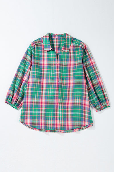 Green Checkered 3/4 Sleeve Collared Loose Fit Shirt