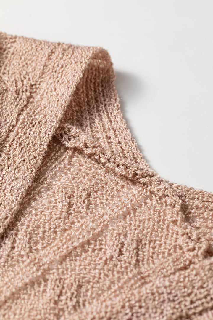 Old Rose Hollowed Pattern Knit Drop Shoulder Open Sweater Cardigan
