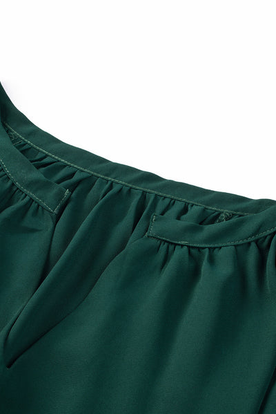 Green Split Neck Pleated Loose Top