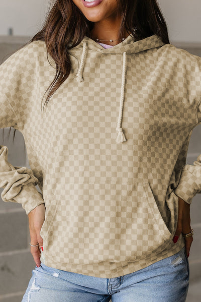 Khaki Checkered Print Kangaroo Pocket Drawstring Hoodie