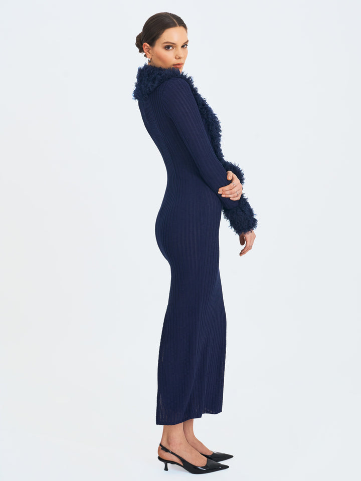 Romina Navy Plunging Fur Trimmed Crochet Maxi Dress