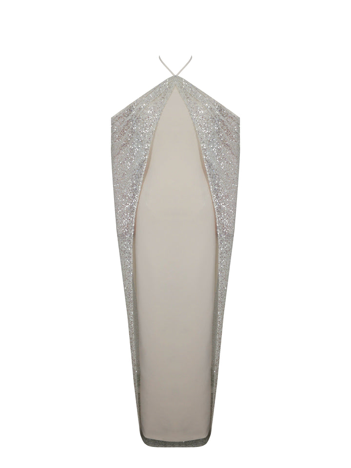 Quimera Almond Beaded Cape Halter Off-Shoulder Maxi Gown