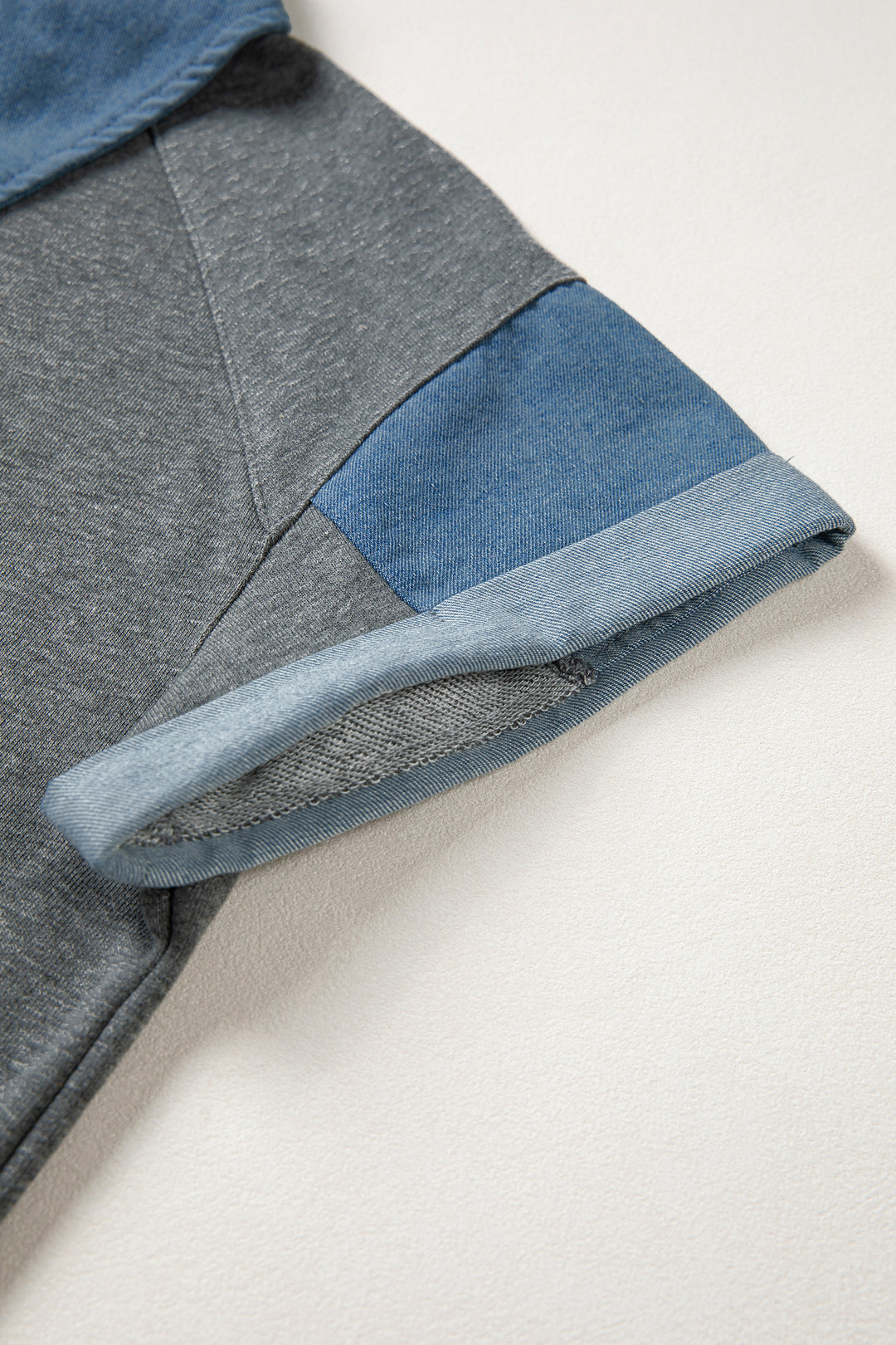 Carbon Grey Denim Color Block Patchwork Shirt Collar Short Sleeve Blouse