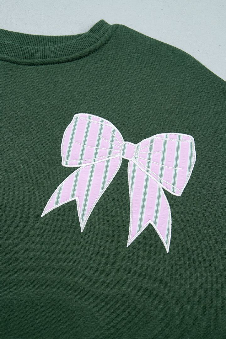 Blackish Green Striped Bow Graphic Oversized Sweatshirt