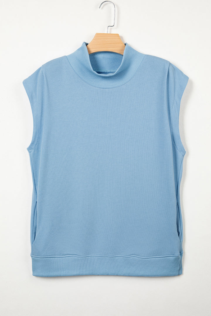 Black Solid Color High Neck Cap Sleeve Loose Top