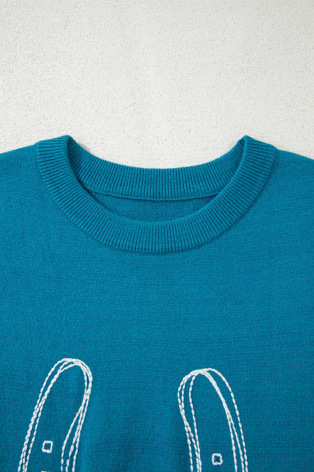 Light Blue Horse Shoe Embroidered Loose Short Sleeve Sweater