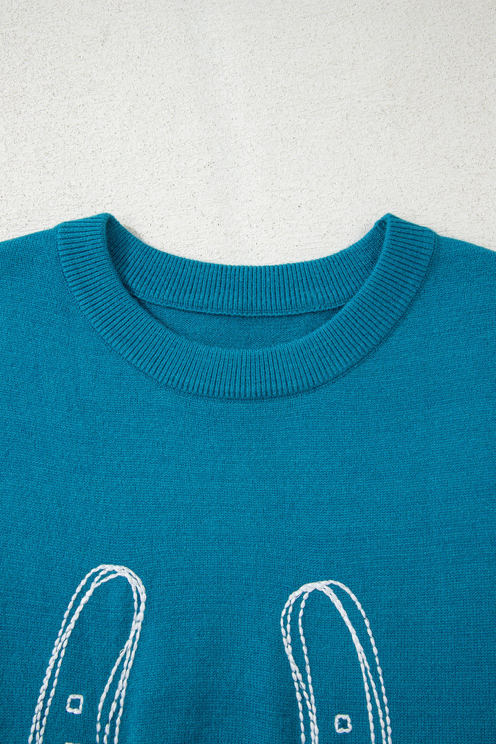 Light Blue Horse Shoe Embroidered Loose Short Sleeve Sweater