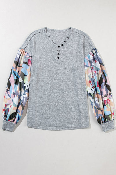 Gray Floral Lantern Sleeve Patchwork Buttoned V Neck Top