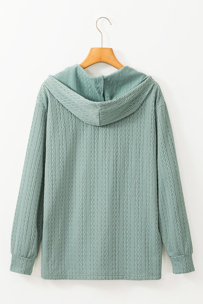 Mint Green Button Front Textured Drawstring Hooded Long Sleeve Top