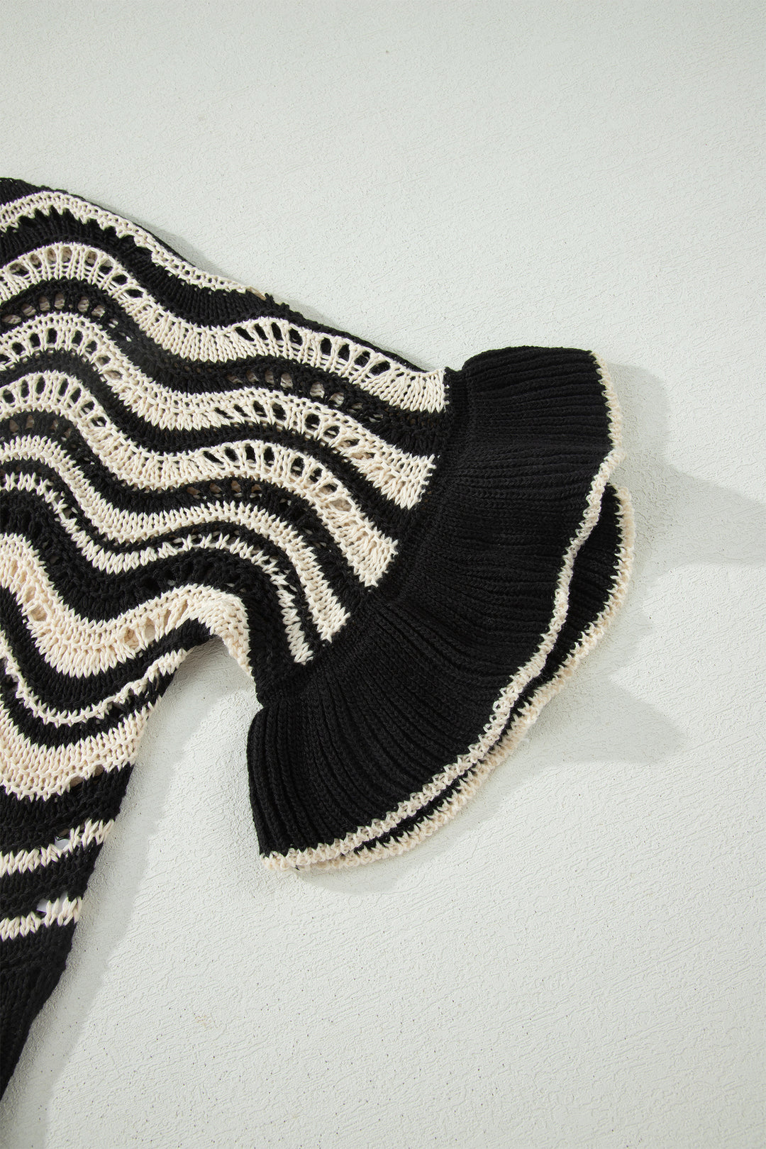 Beige Stripe Wavy Crochet Eyelet Detail Ruffle Half Sleeve Sweater