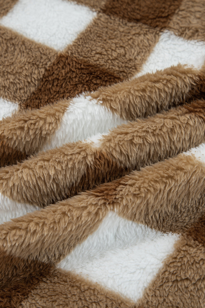 Brown Checkered Sherpa Loose Knit Cardigan with Pockets