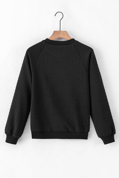 Black Solid Textured Raglan Sleeve Pullover Sweatshirt