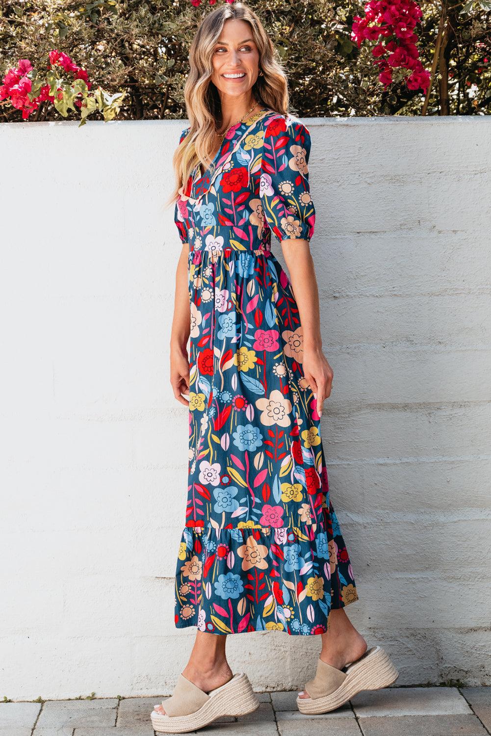 Green Retro Floral Printed Split Neck Maxi Dress