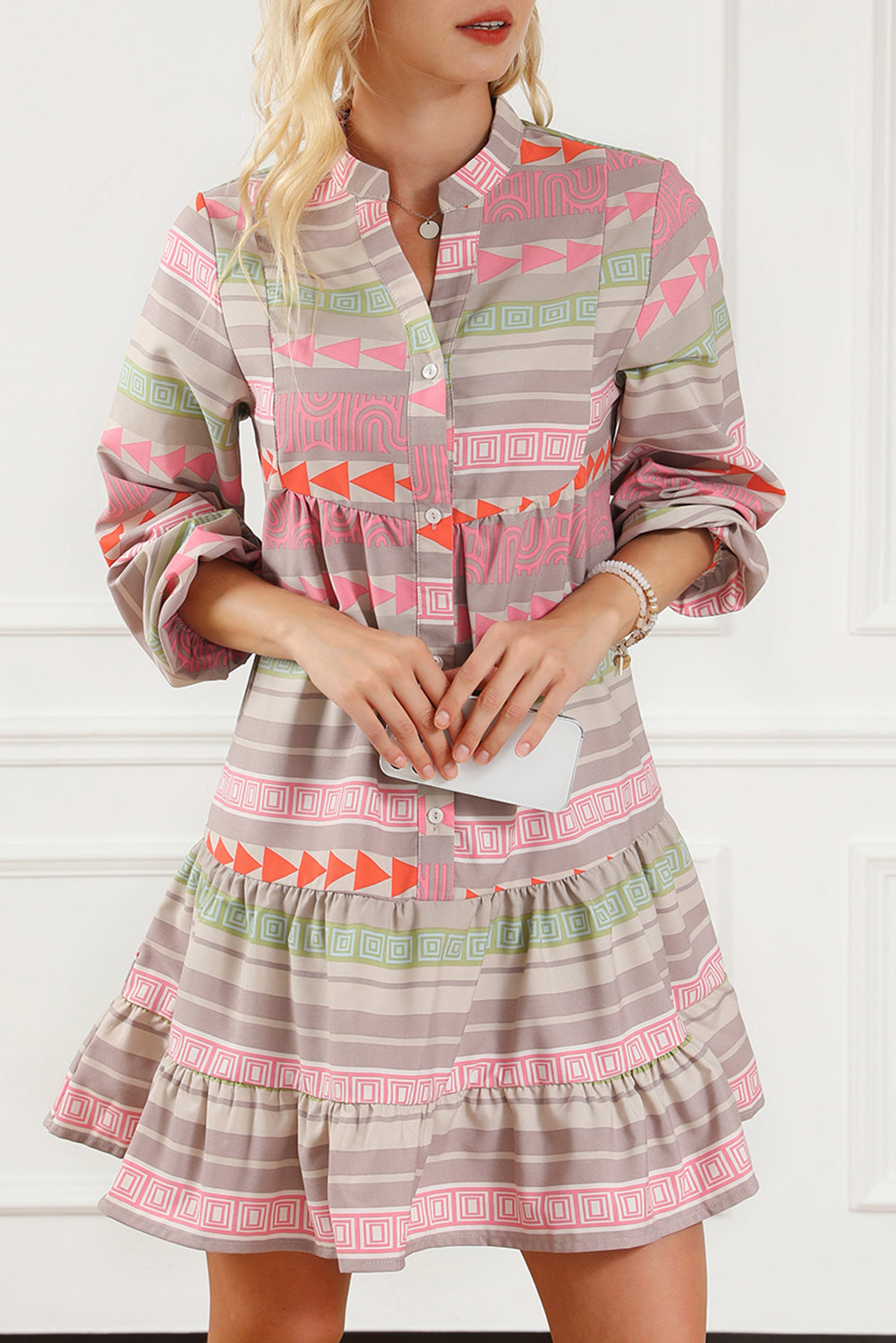 Multicolour Boho Print Puff Sleeve Buttoned Babydoll Dress