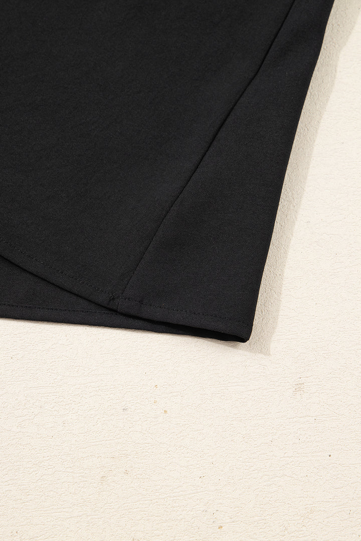 Black Plus Size Notched Neck Leopard Trim Flounce Long Sleeve Shift Dress