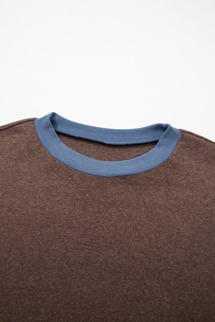 Dark Brown Long Sleeve Round Neck Patchwork Colorblock Plus Size Set