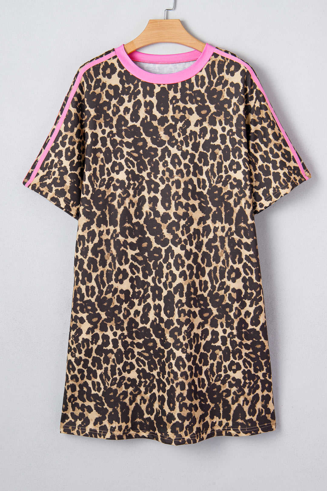 Apricot Leopard Print Contrast Varsity Striped Detail Loose T Shirt Dress
