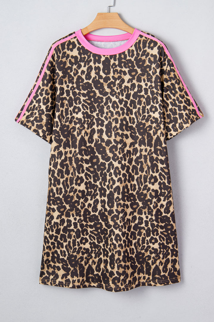 Apricot Leopard Print Contrast Varsity Striped Detail Loose T Shirt Dress