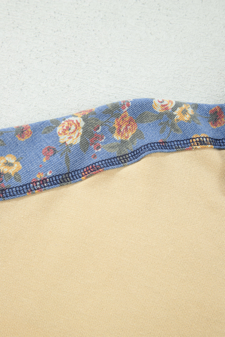 Apricot Floral Denim Patchwork Collar V Neck Long Sleeve Pullover Top