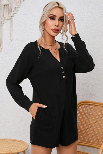 Black Brushed Ribbed Button Split V Neck Long Sleeve Romper