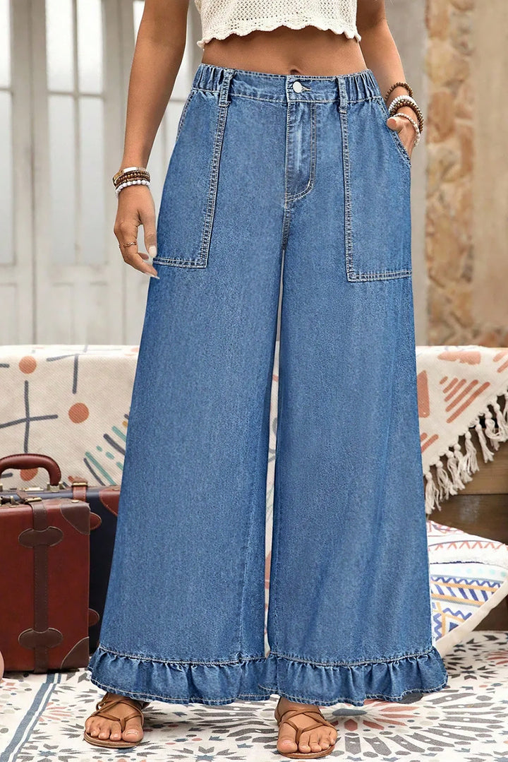 Ashleigh Blue Plus Size Elastic Waist Ruffled Wide Leg Denim Pants