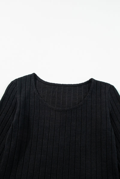 Black Ribbed Bishop Sleeve Round Neck Top