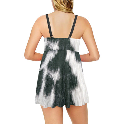 Black White Cow Hide Print Swim Dress & Shorts Set