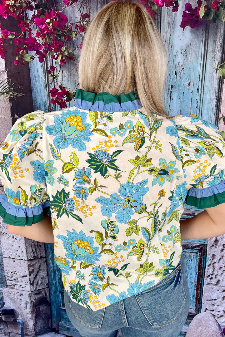 Sky Blue Plus Size Frilled V Neck Short Sleeve Floral Blouse