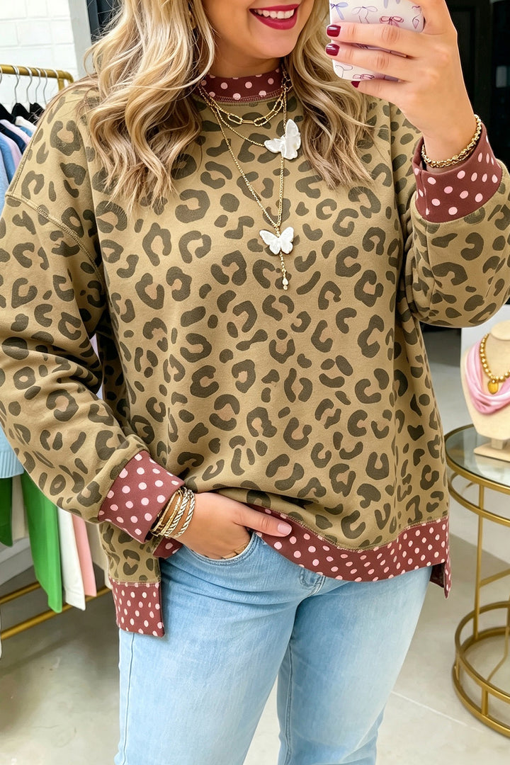 Khaki Plus Size Leopard Print Contrast Polka Dot Trim Long Sleeve Top