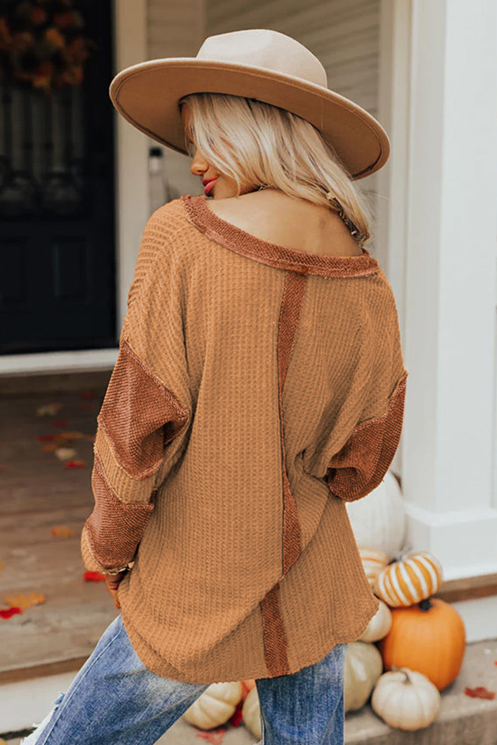 Orange Contrast Patched Exposed Seam Waffle Knit Henley Top