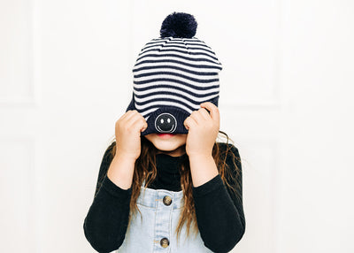 Blue & White Stripe Smiley Pom Pom Hat