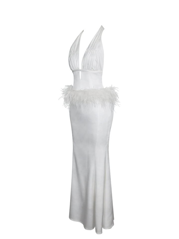 Solene Pleated Halter Backless Feather-Trim Maxi Dress