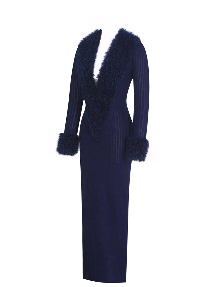 Romina Navy Plunging Fur Trimmed Crochet Maxi Dress