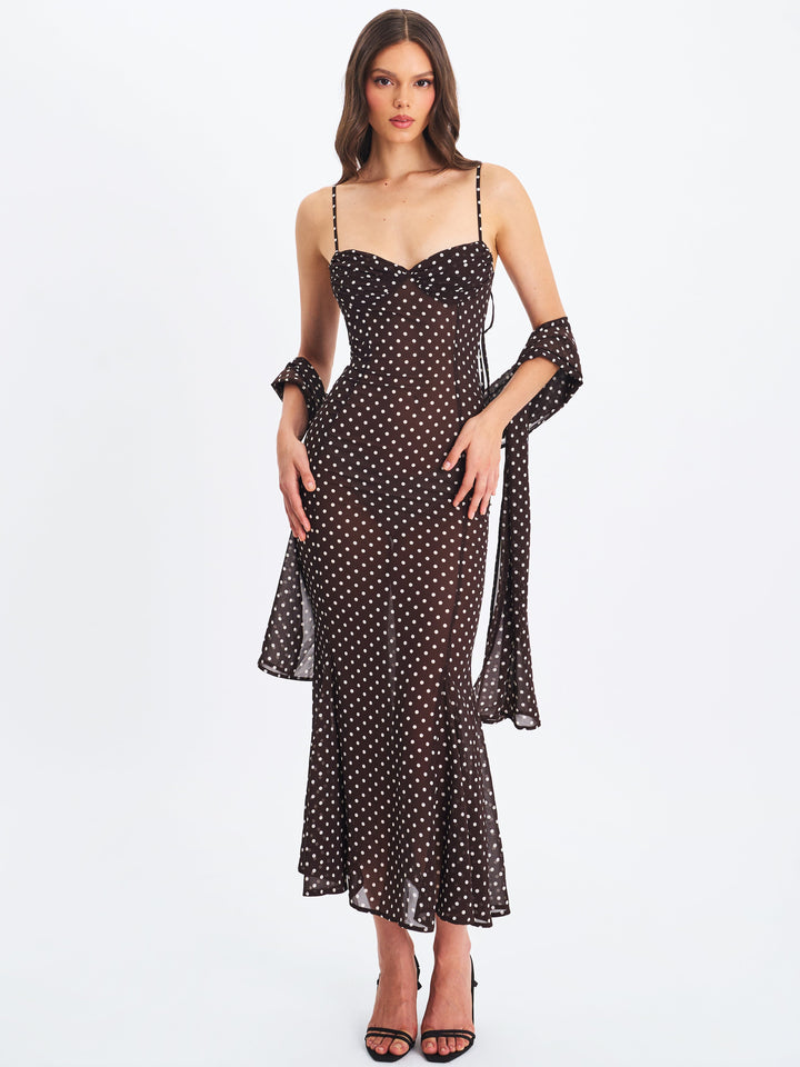Yadira Brown Base Polka Dot Chiffon Maxi Dress