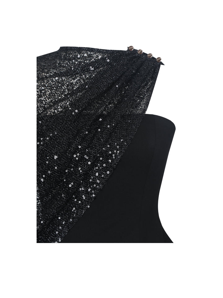 Quinette Black Peplum Top with Beaded Asymmetrical Cape