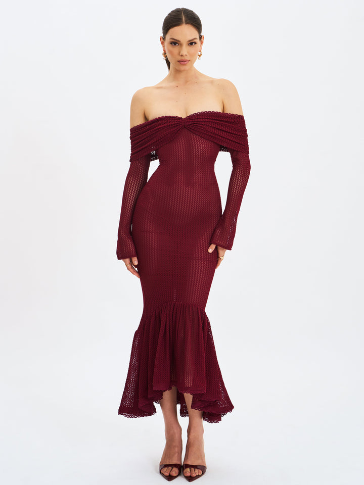 Kaedyn Burgundy Off Shoulder Long Sleeve Crochet Mermaid Maxi Dress