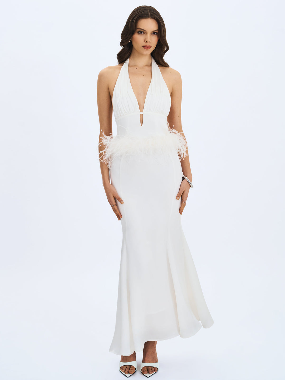 Solene Pleated Halter Backless Feather-Trim Maxi Dress