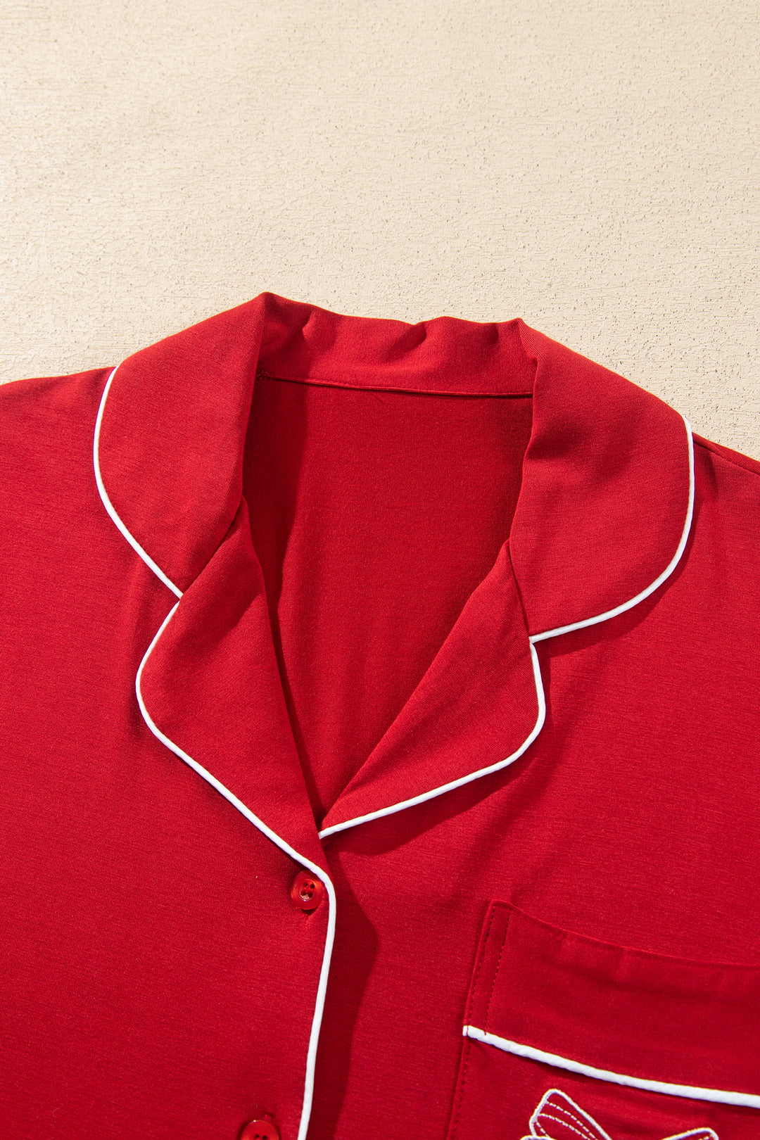 Racing Red Bow Pocket Detail Long Sleeve Shirt 2pcs Pajama Set