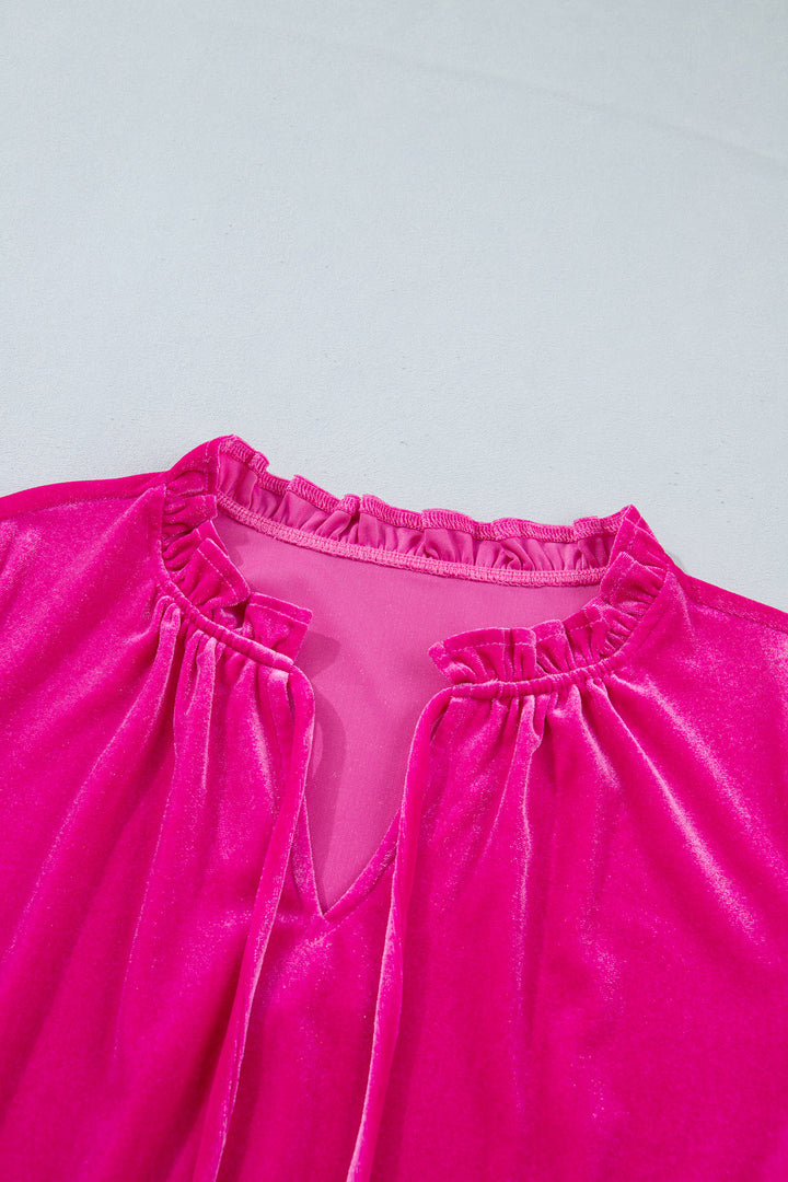 Strawberry Pink V Neck Velvet Ruffled Cuffs Hem Long Sleeve Top