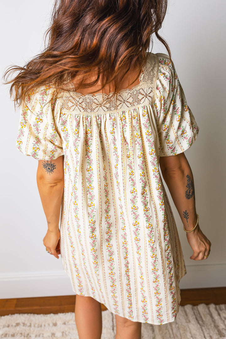 Multicolour Floral Print Contrast Ribbon Bow Lace Trim Square Neck Mini Dress