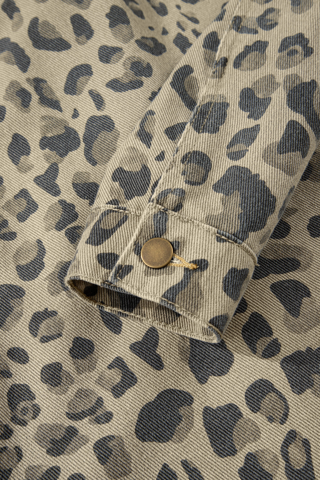 Khaki Retro Leopard Print Seam Detail Button Down Denim Jacket