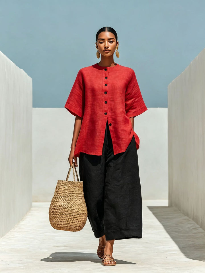Linen Blend Cardigan Top &amp; Cropped Wide-Leg Pants Set – 5 Colors S–3XL