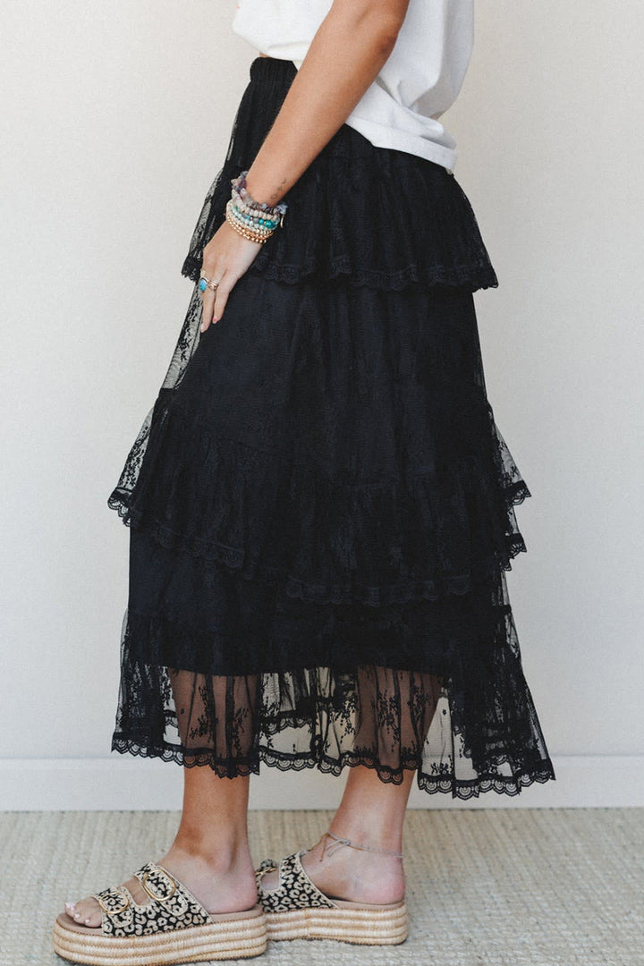 Black Elegant Ruffle Lace Tiered Skirt