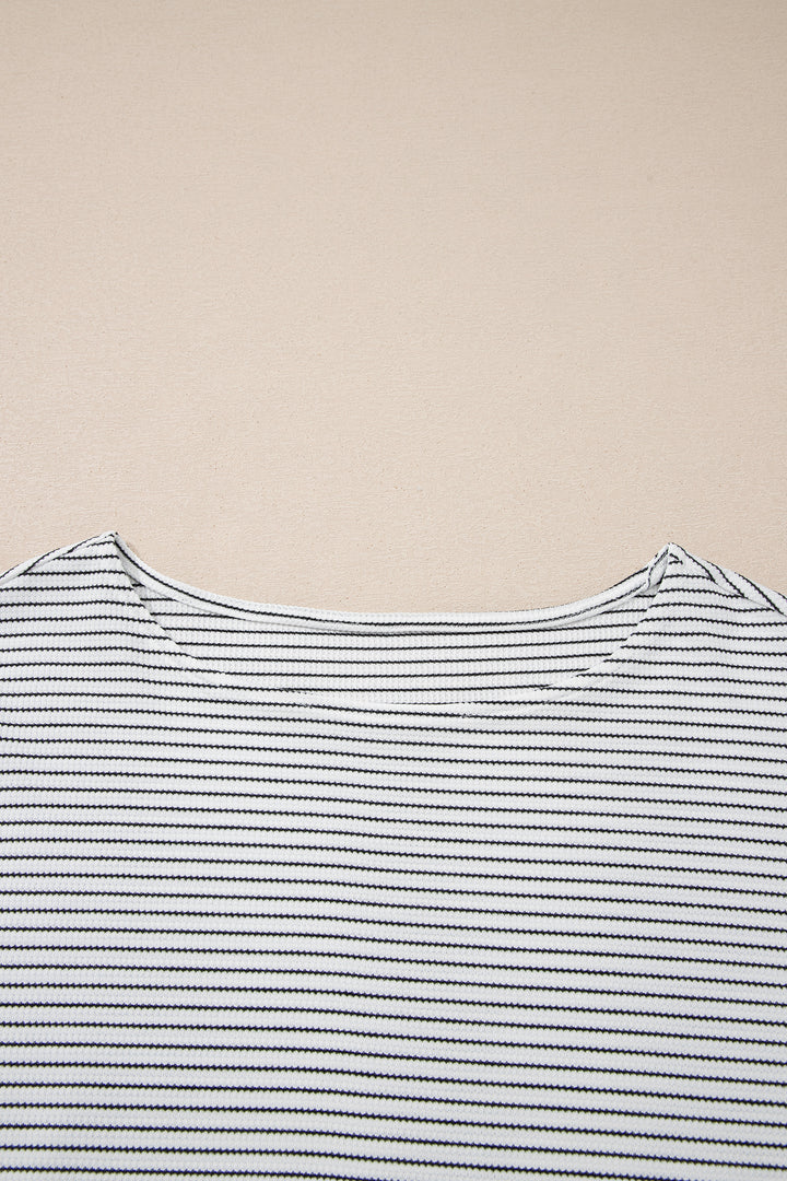 White Stripe Contrasted Ruffle Trim Loose Long Sleeve Top