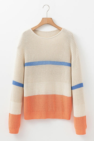 Beige Colorblock Striped Drop Shoulder Cozy Sweater