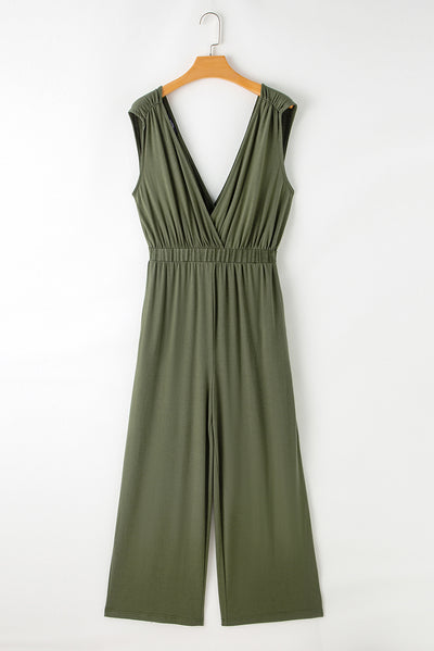 Jungle Green Deep V Pleated Crisscross Wide Leg Backless Jumpsuit