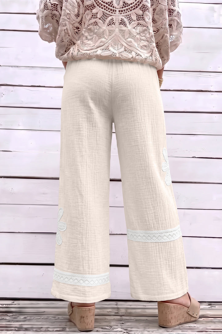 White Floral Lace Patchwork Boho Wide Leg Casual Pants