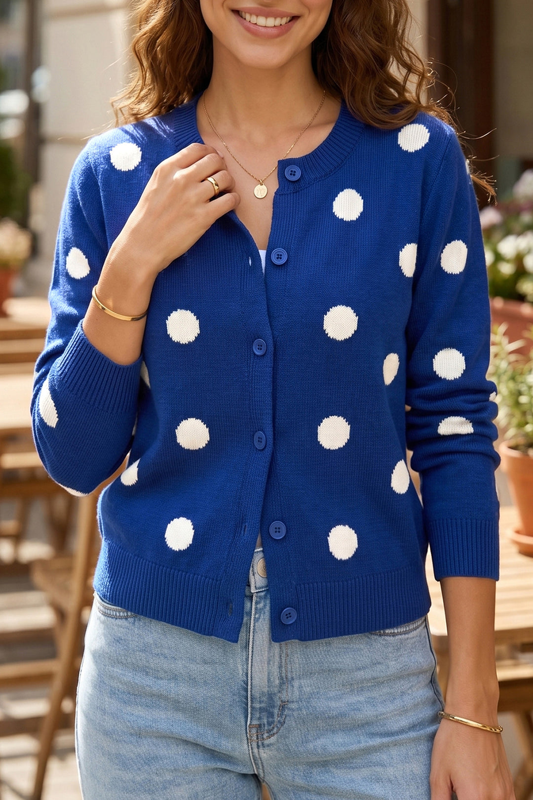 Bluing Casual Polka Dot Button Front Long Sleeve Sweater Cardigan