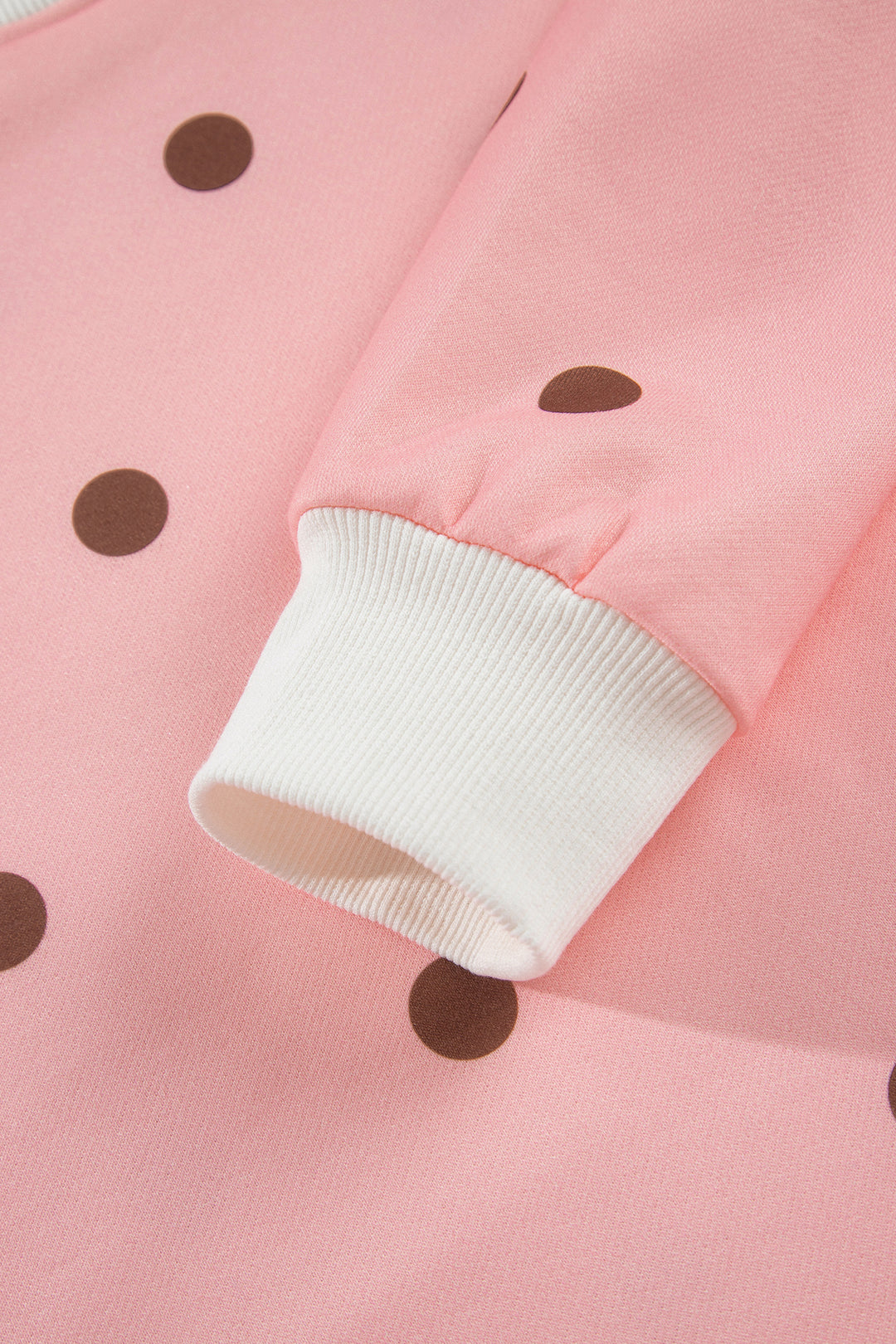 Brown Polka Dot Ribbed Trim Long Sleeve Top Casual Short Set